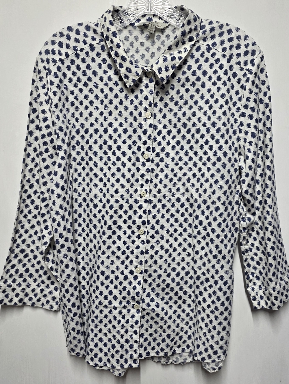 White and Navy Dot Print Linen Blend Button Front Shirt